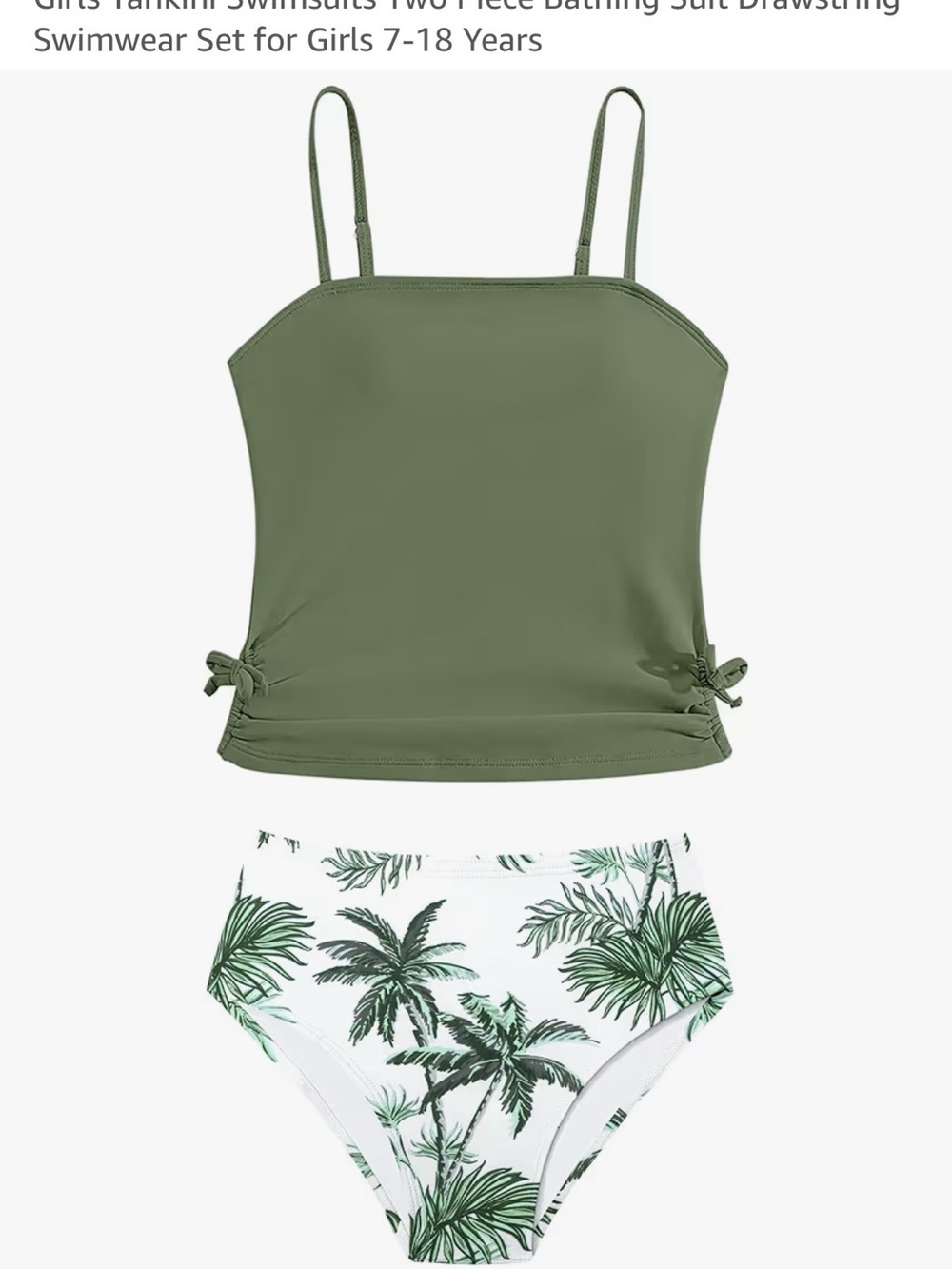 Olive Green Tankini Top with Palm Print High-Waist Bottom
